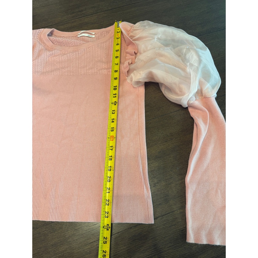 Anthropologie Pink Ruffle Sheer Puff Sleeve Pointelle Ribbed Knit Top Medium - Picture 7 of 7